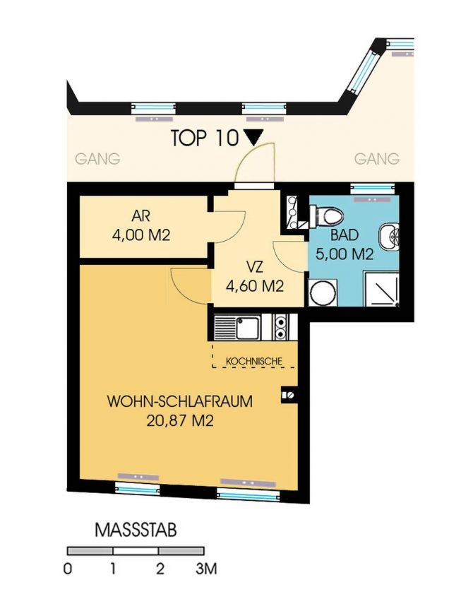 Grundriss einer Wohnung mit Wohn-Schlafraum, Bad, Vorzimmer und Abstellraum. Gesamtfläche ca. 35 Quadratmeter.