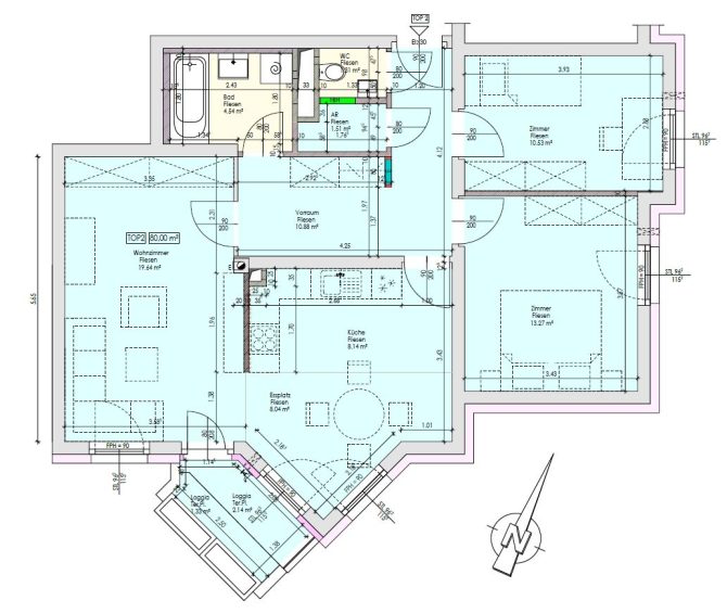 Grundriss einer Wohnung mit verschiedenen Räumen und Größenangaben in Quadratmetern, einschließlich Küche und Badezimmer.