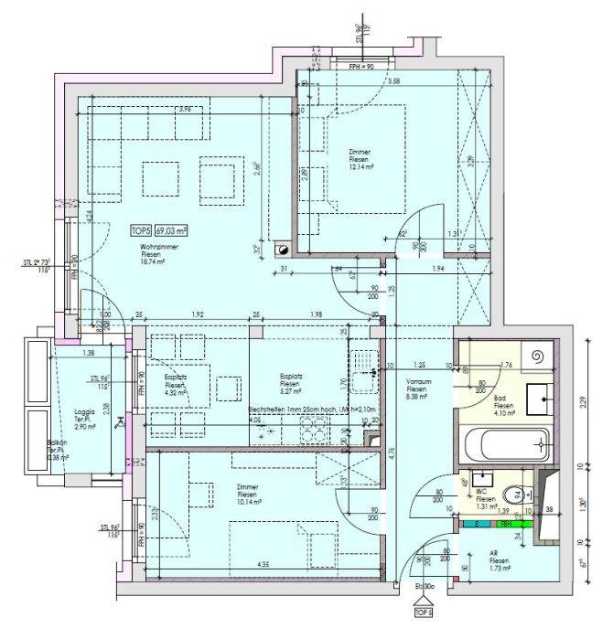 Grundriss einer Wohnung mit markierten Räumen und genauen Maßen in Quadratmetern.