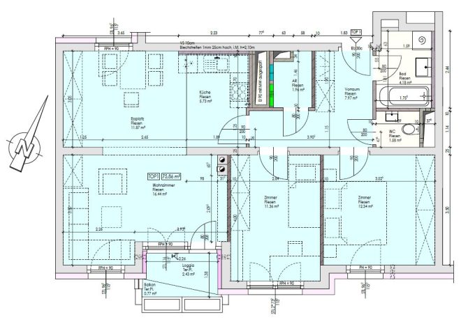 Architektonischer Grundriss einer Wohnung mit Zimmeraufteilung und Bemaßungen.