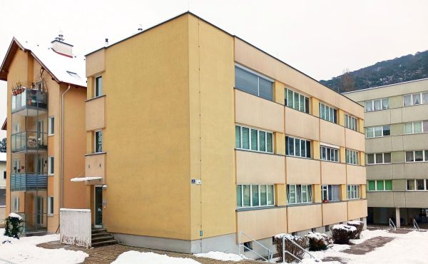 Gelbes Wohngebäude im Winter mit schneebedecktem Boden und Hintergrund.