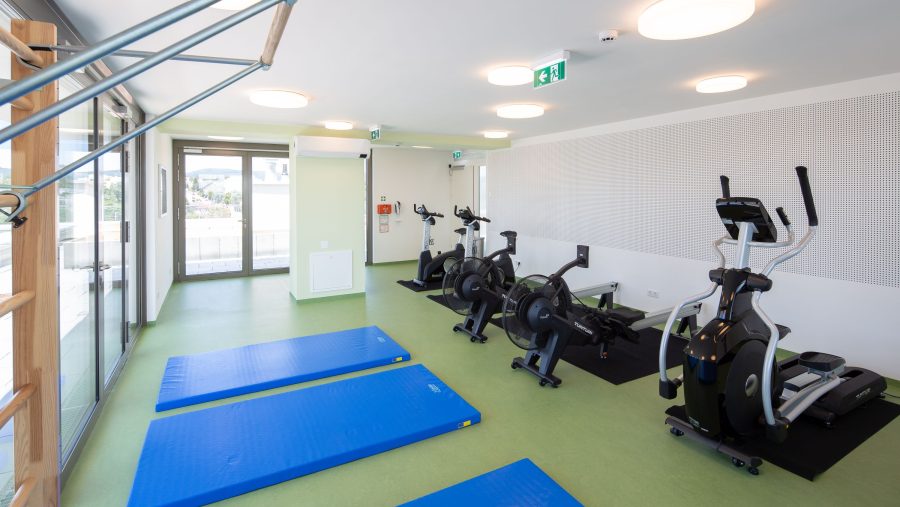 Moderner Fitnessraum mit blauen Matten und Trainingsgeräten auf grünem Boden.