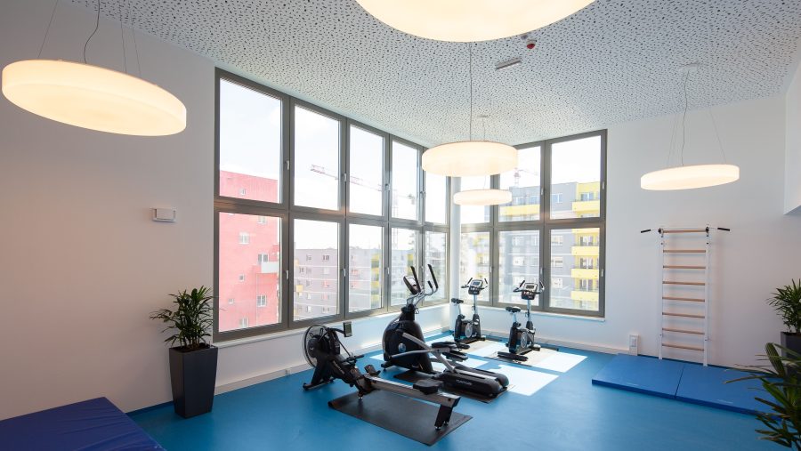 Heller Fitnessraum mit Kardio-Geräten und großen Fenstern, ausgestattet für Workouts.