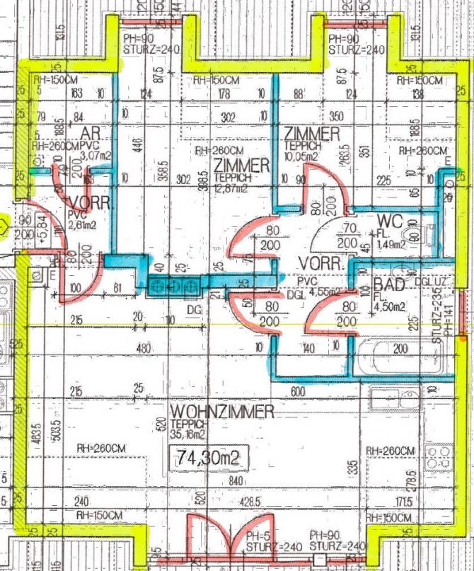 Grundriss einer Wohnung zeigt Aufteilung der Räume und Maße in Quadratmetern. Architekturzeichnung in Farbe.