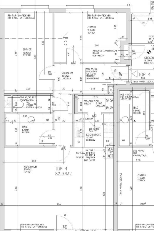 Grundriss einer 3-Zimmer-Wohnung in Wien, 82,97 m², mit Bad, Küche und Wohnraum. Ideal für Immobilienkäufer.