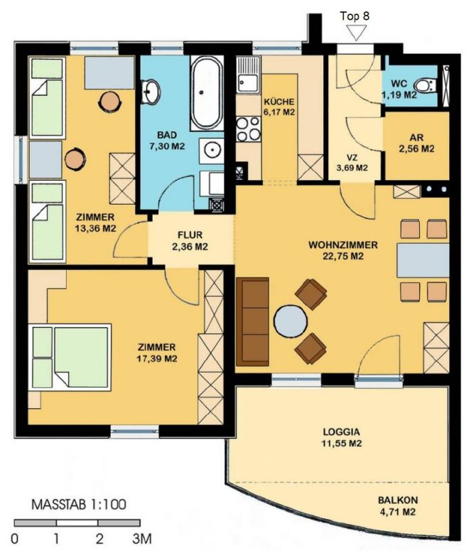 Grundriss einer modernen Wohnung in Wien mit großzügigem Wohnzimmer und Balkon für Immobilienangebote.