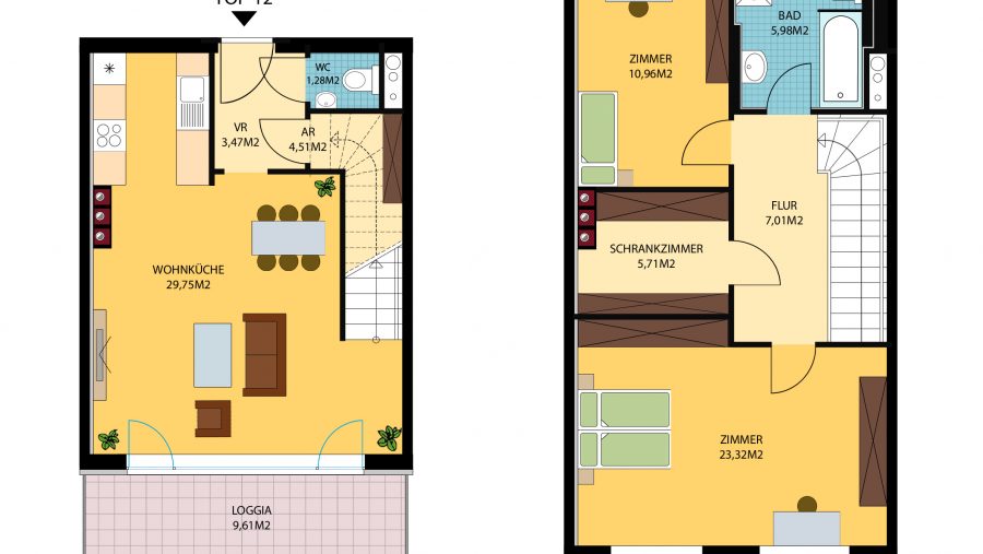Grundriss Wohnung auf zwei Etagen mit Küche, Wohnbereich, zwei Zimmern und Loggia. Ideal für Familien.