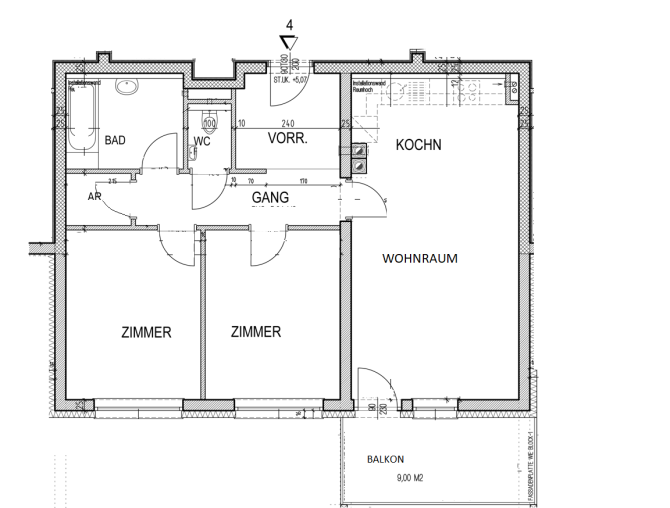 Grundriss einer Wohnung mit Zimmern, Wohnraum, Küche und Balkon. Tür- und Wandpositionen sind klar ersichtlich.
