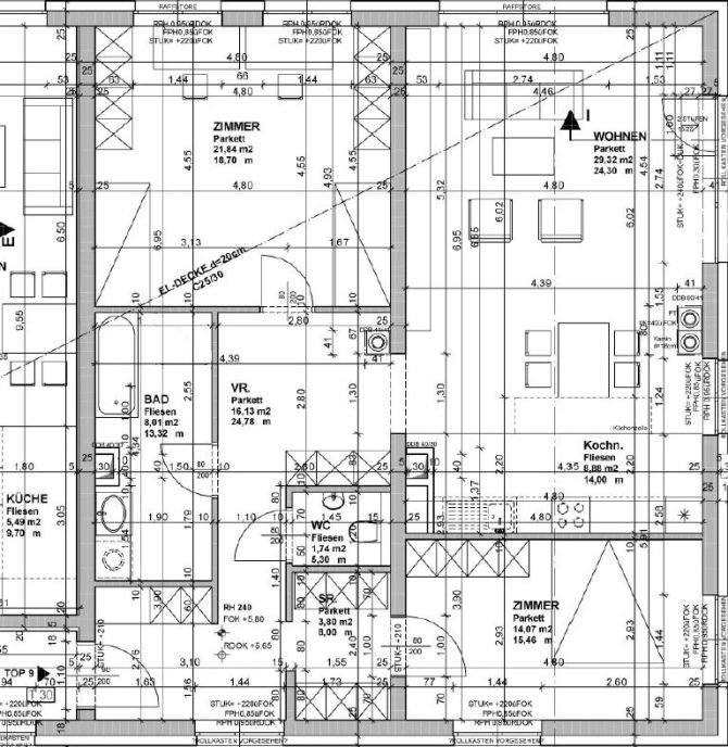 Grundriss eines modernen Apartments mit Räumen, Wänden, Abmessungen und Einrichtungsdetails in Schwarz-Weiß.