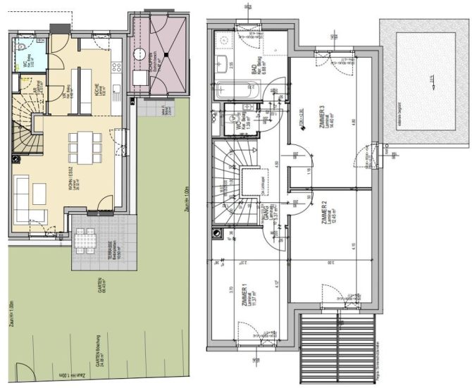 Grundriss eines Hauses mit Zimmeraufteilung und Außenbereich, inklusive Garten und Terrasse.