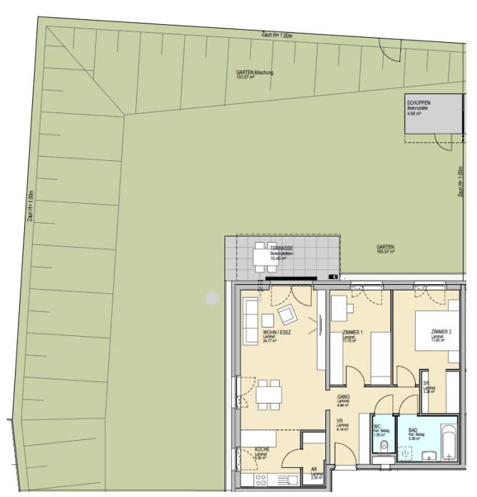 Grundriss eines Hauses mit Garten, Terrasse und Zimmeraufteilung.