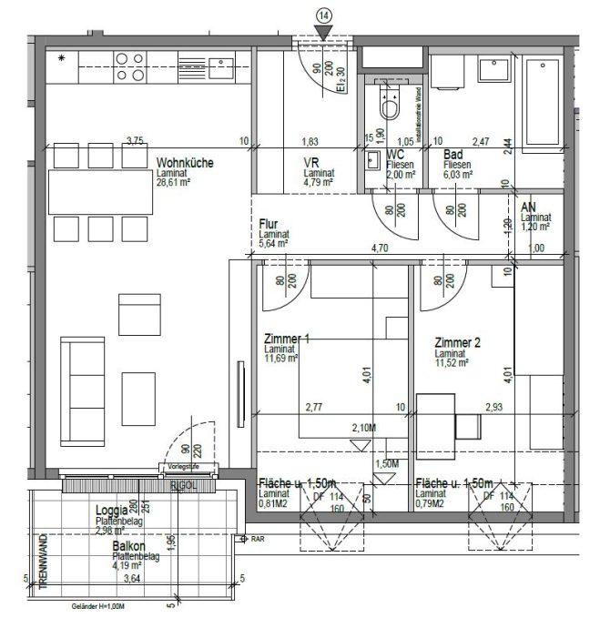 Grundriss einer Wohnung mit zwei Zimmern, Wohnküche, Bad, WC und Balkon. Abmessungen und Raumgrößen in Quadratmetern.