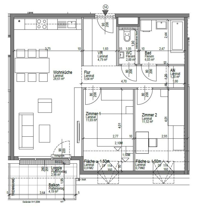 Grundriss einer Wohnung mit Wohnküche, zwei Zimmern, Bad, WC und Balkon.