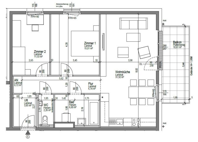 Grundriss einer Wohnung mit Wohnküche, zwei Zimmern, Bad und Balkon. Flächenangaben in Quadratmetern.