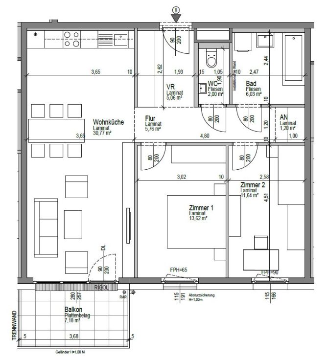Grundriss einer Wohnung mit Wohnküche, zwei Zimmern, Bad und Balkon, ideal zur Raumplanung.