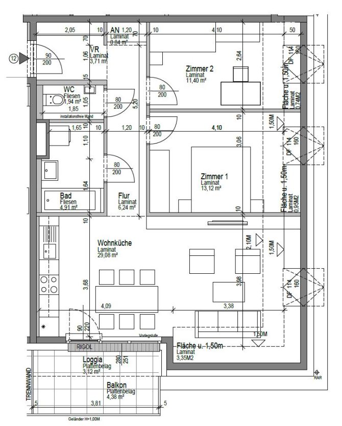 Grundriss einer Wohnung mit Wohnküche, zwei Zimmern, Bad, WC und Balkon. Architektonischer Entwurf auf Deutsch.