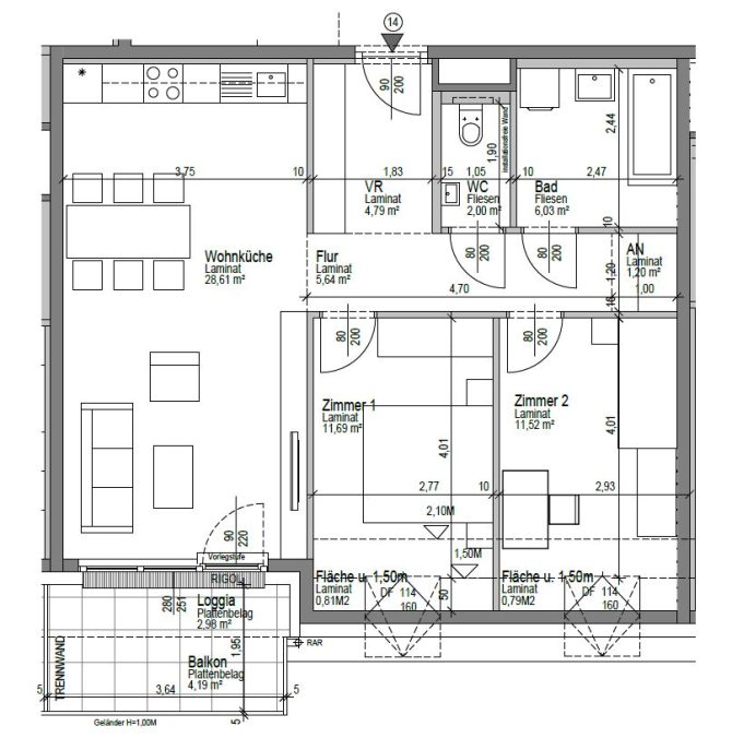 Grundriss einer Wohnung mit Küche, Bad, zwei Zimmern und Balkon, inklusive Flächenangaben in Quadratmetern.
