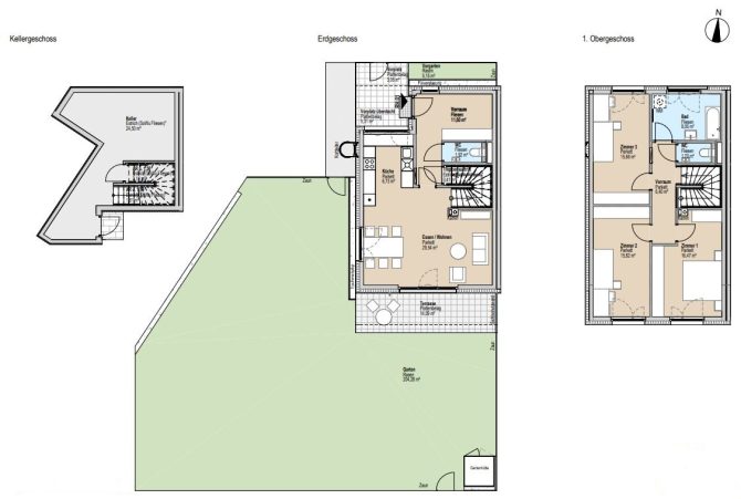 Grundriss eines Hauses mit Keller-, Erd- und Obergeschoss, einschließlich Gartenbereich und Terrasse.