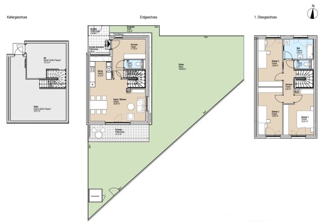 Grundriss eines Hauses mit Keller, Erdgeschoss, Obergeschoss und Garten, zeigt Raumaufteilung und Maße.
