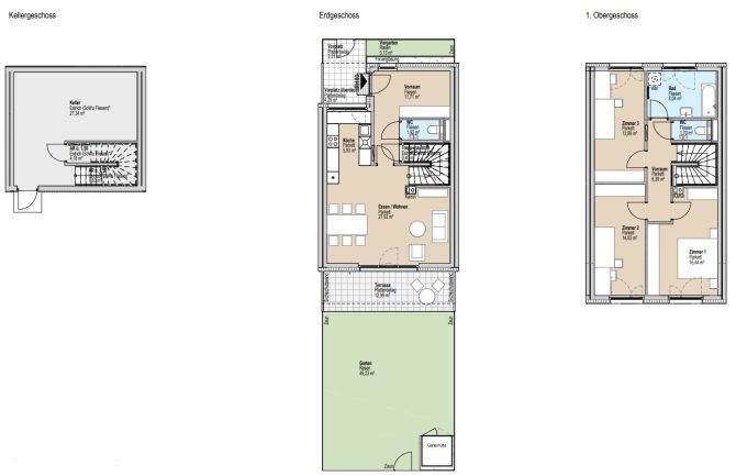 Grundriss eines dreistöckigen Hauses mit Keller, Erdgeschoss und erstem Obergeschoss.