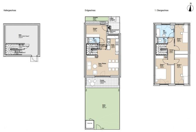 Grundriss eines Hauses mit Keller, Erdgeschoss und Obergeschoss, inklusive Terrasse und Garten.