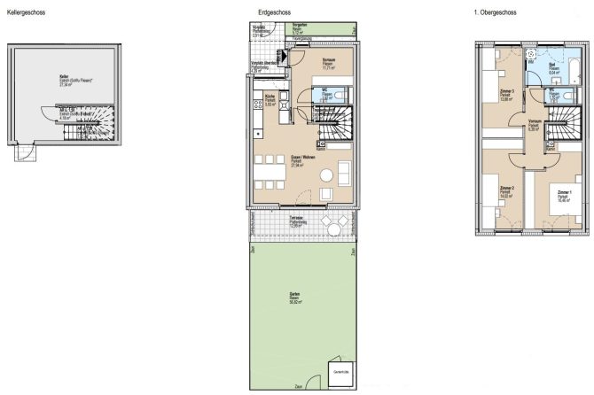 Grundriss eines Hauses mit Keller, Erdgeschoss und Obergeschoss in deutscher Beschriftung.