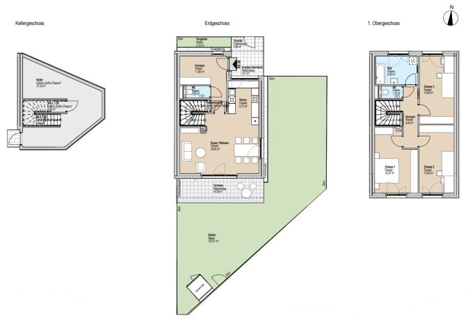 Grundriss eines dreistöckigen Hauses mit Keller, Erdgeschoss und Obergeschoss in Deutschland.