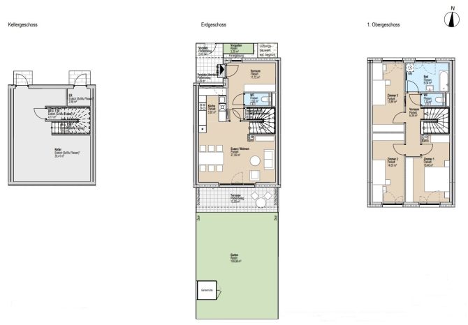 Grundriss eines modernen dreistöckigen Hauses mit Keller, Erdgeschoss und erstem Obergeschoss.