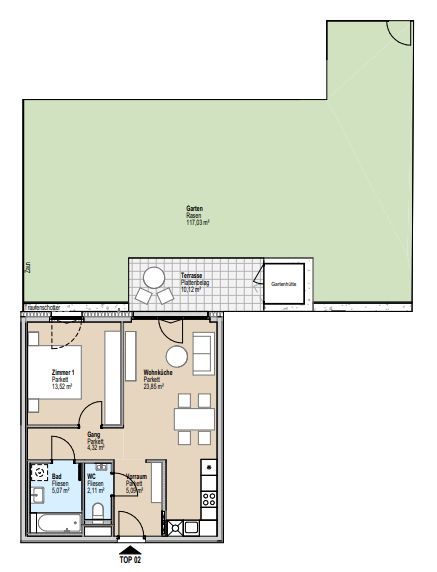 Grundriss einer Wohnung mit Garten, Terrasse, Wohnzimmer, Schlafzimmer, Bad und WC. Ideal für kleine Haushalte.