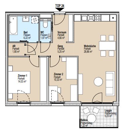 Grundriss einer Wohnung mit Wohnküche, zwei Zimmern, Bad, WC, Balkon und Abstellraum.