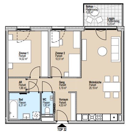 Grundriss einer Wohnung mit zwei Zimmern, Bad, WC, Wohnküche und Balkon.