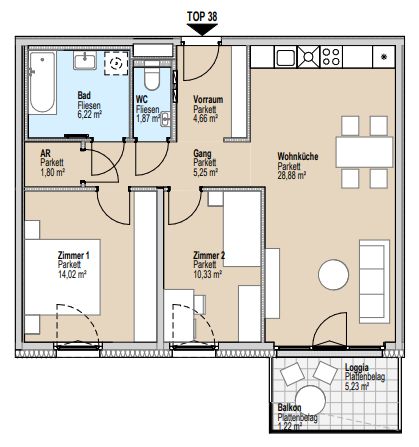 Grundriss einer Wohnung mit zwei Schlafzimmern, Bad, WC, Wohnküche und Balkon. Gesamtfläche 58,39 m².