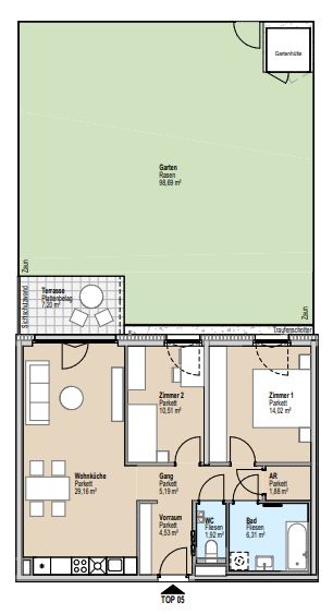 Grundriss einer Wohnung mit Garten, 2 Zimmern, Terrasse, Bad und Küche, deutsche Beschriftungen.