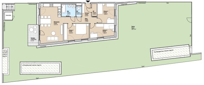 Grundriss eines Hauses mit Garten, Terrasse und mehreren Zimmern.