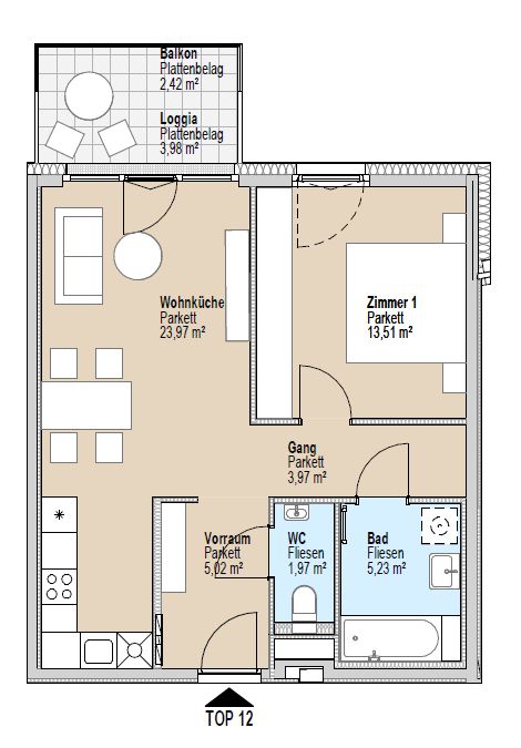 Grundriss einer Einzimmerwohnung mit Balkon, Wohnküche, Bad und separatem WC. Zimmermaße und Flächen sind angegeben.