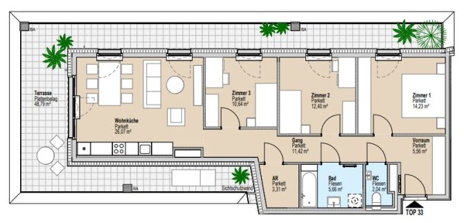 Grundriss einer Wohnung mit drei Zimmern, Wohnküche, Bad, WC und Terrasse, gekennzeichnete Flächenangaben.