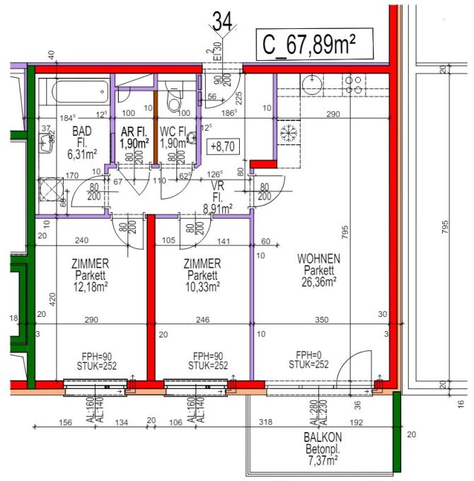 Grundriss einer 67,89 m² großen Wohnung mit Zimmern, Bad und Balkon, farblich markierte Wände.