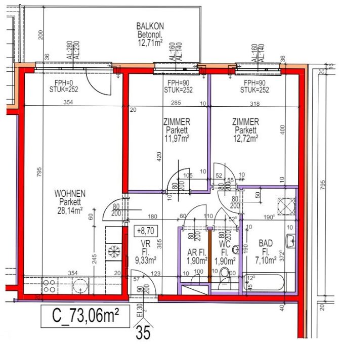 Grundriss einer Wohnung mit Zimmeraufteilung und Größenangaben. Wohnbereich, Zimmer, Bad und Balkon sind eingezeichnet.