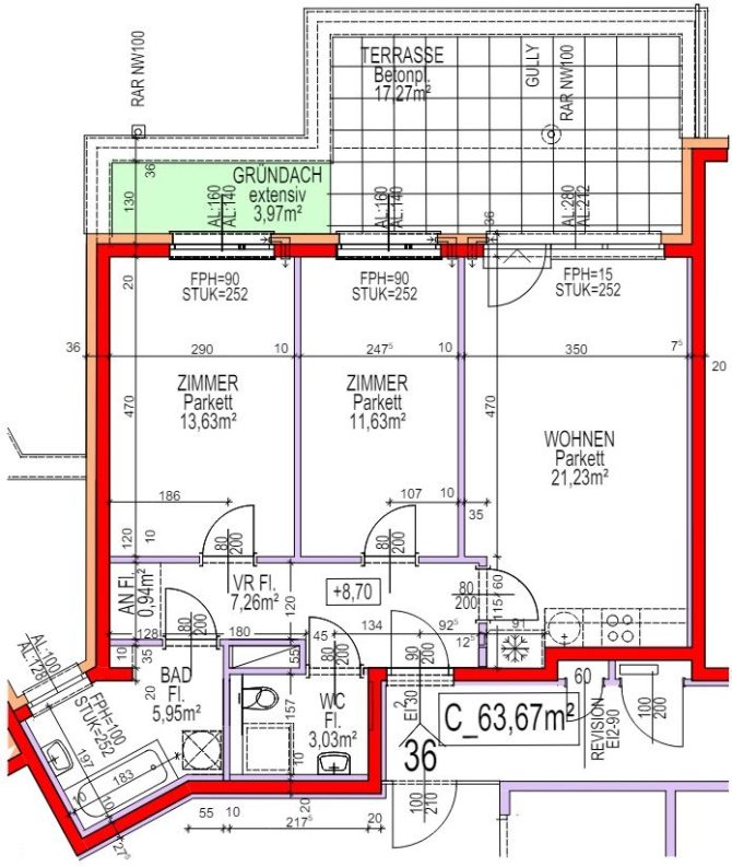 Grundriss einer Wohnung mit Zimmeraufteilung, Flächenangaben und Terrasse in Quadratmetern.
