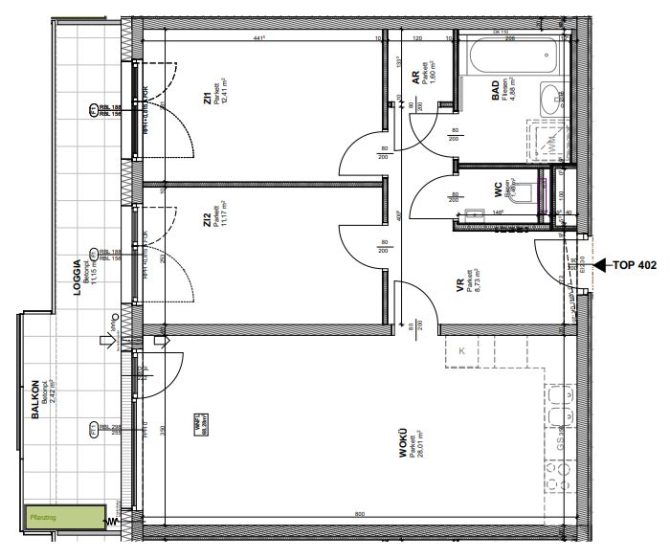 Grundriss eines Wohnbereichs mit zwei Zimmern, Bad, WC und Balkon.