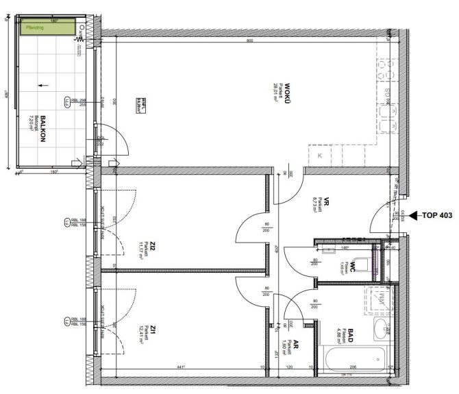 Grundriss einer Wohnung mit zwei Zimmern, Küche, Bad, WC und Balkon, beschriftet als TOP 403.