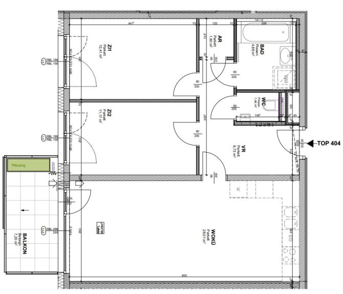 Grundriss einer Wohnung mit zwei Zimmern, Wohnzimmer, Küche, Bad, WC und Balkon.