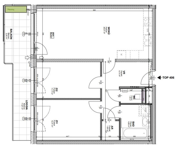 Grundriss einer Wohnung mit Balkon, drei Zimmern, Küche und Bad. Wohnraumaufteilung mit Abmessungen.