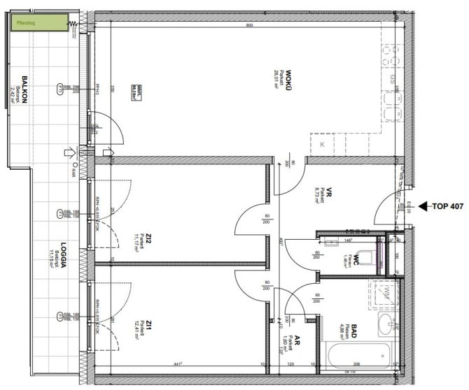 Grundriss einer Wohnung mit zwei Schlafzimmern, Wohnküche, Bad, WC und Balkon.