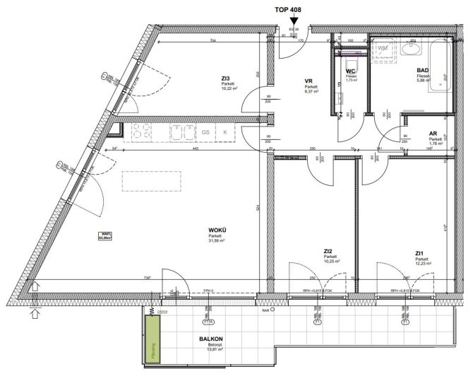 Grundriss einer Wohnung mit Markierungen für Zimmer, Küche, Bad und Balkon.