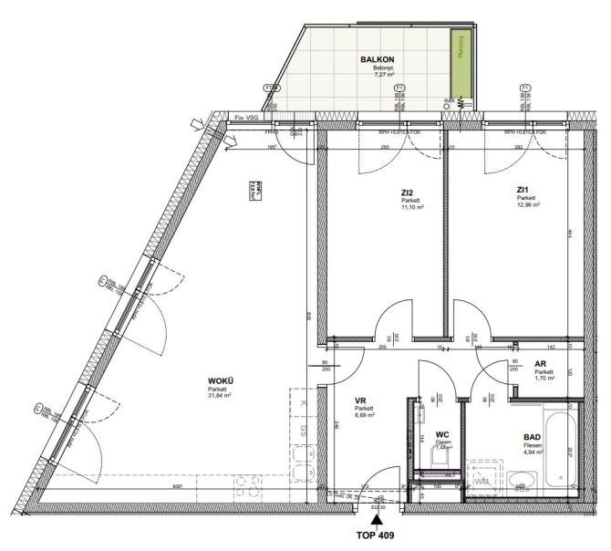 Grundriss einer Wohnung mit Balkon und mehreren Räumen, einschließlich Bad und Küche.