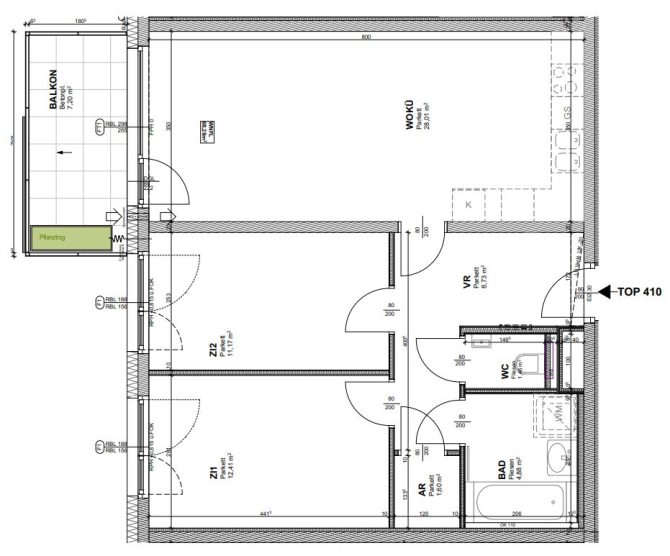 Grundriss einer Wohnung mit Balkon, zwei Zimmern, Küche, Bad und WC, beschriftet.