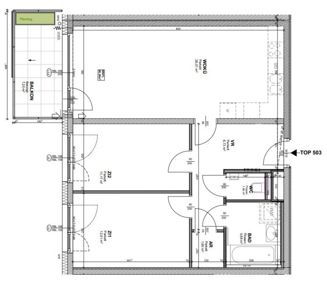 Grundriss einer Wohnung mit Zimmern, Küche und Balkon in einer detaillierten architektonischen Zeichnung.