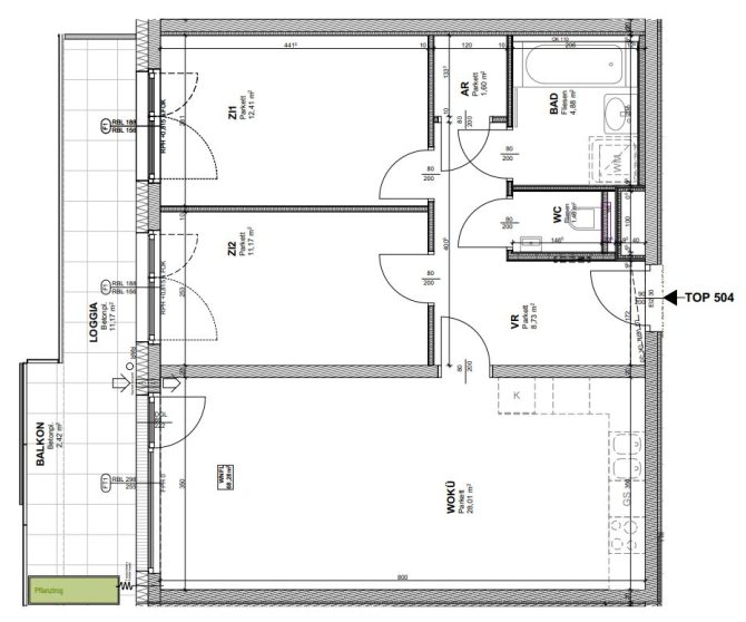 Grundriss eines Apartments mit zwei Zimmern, Balkon, Küche und Bad.
