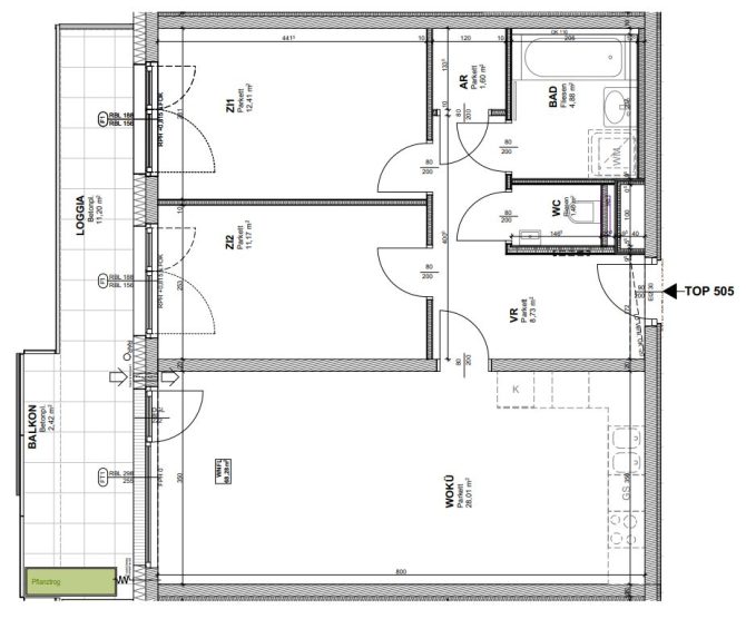 Grundriss einer Wohnung mit Zimmern, Bad, WC und Loggia, Beschriftung in Quadratmetern.